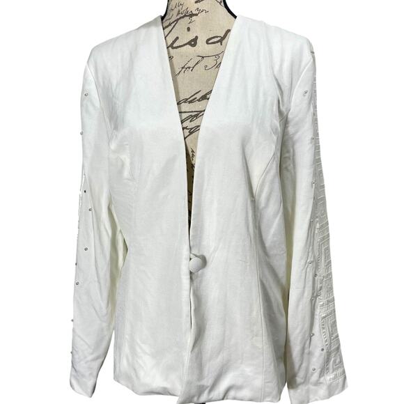 Vintage 90s Karen Miller Blazer White Embroidered Art Deco Jeweled Jacket Sz 16 - Picture 1 of 7